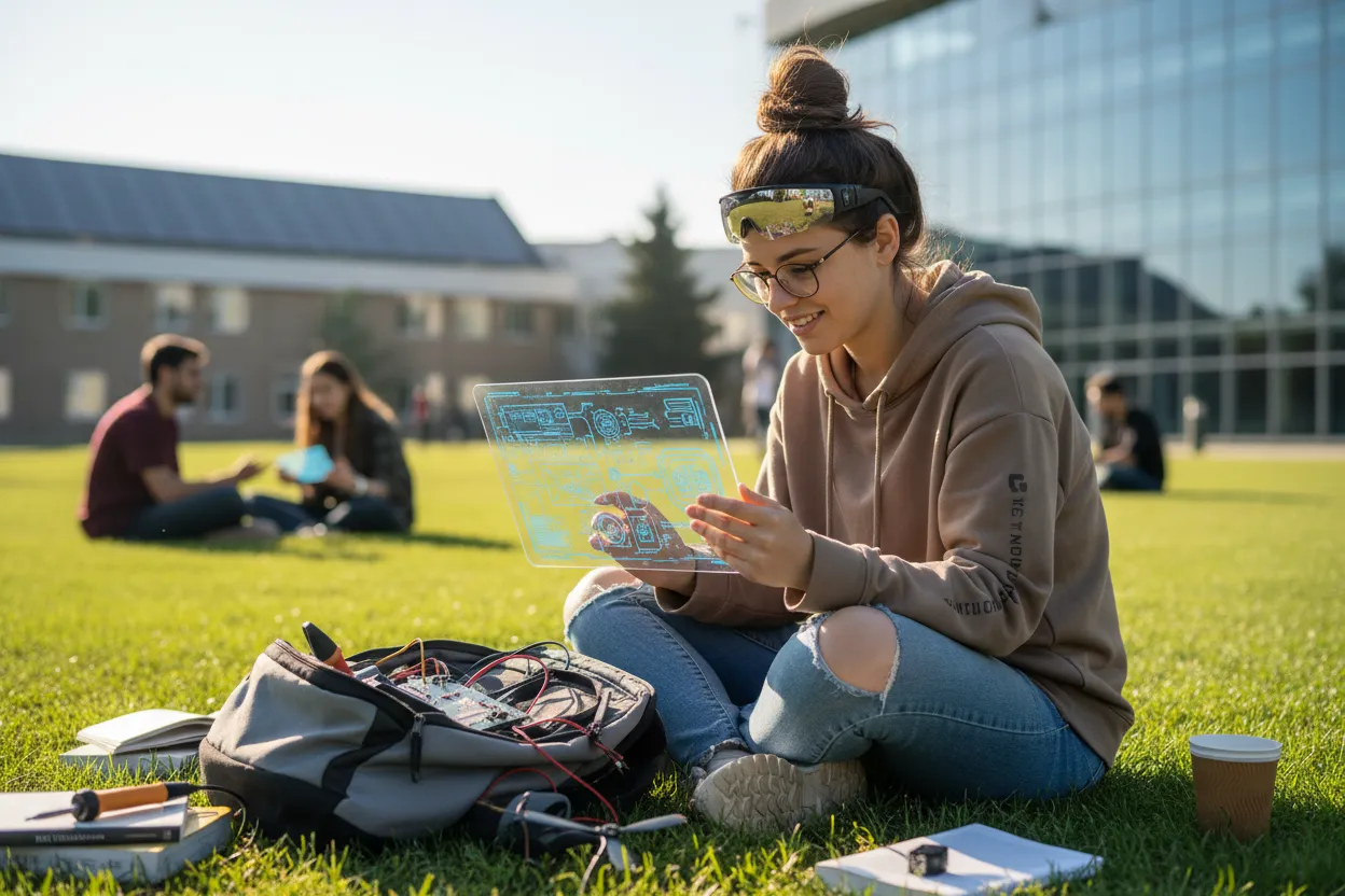 Studentessa con dispositivo tecnologico
